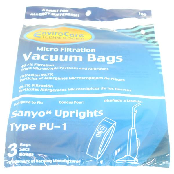 SANYO PU-1 UPRIGHT 99.7% MICROFILTRATION VACUUM CLEANER BAGS 3PK # 160