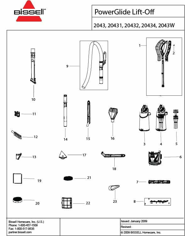 Bissell 2043W exploded schematic diagram (page 1)