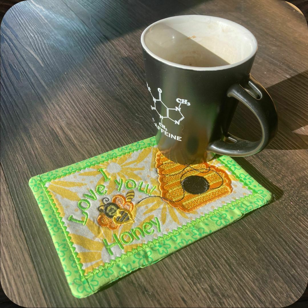 Honey Mug Rug embroidery with coffee mug