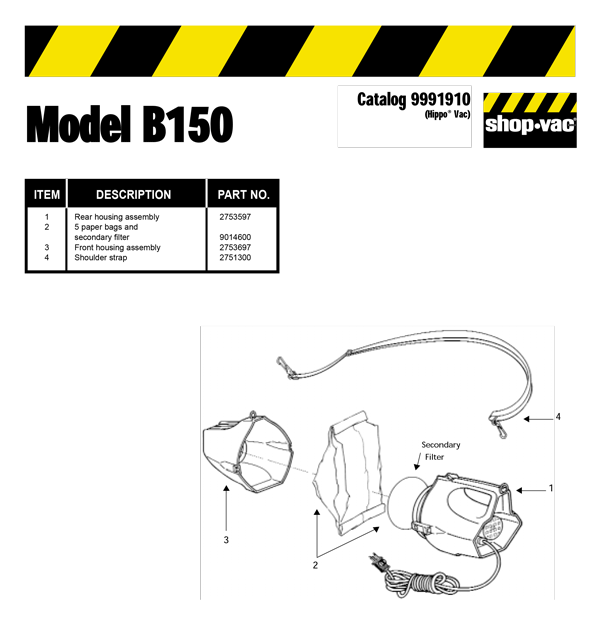 Shop-Vac B150 exploded schematic diagram (page 1)