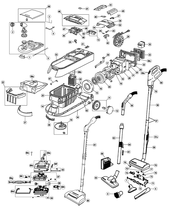 Oreck DTX1300 exploded schematic diagram (page 1)