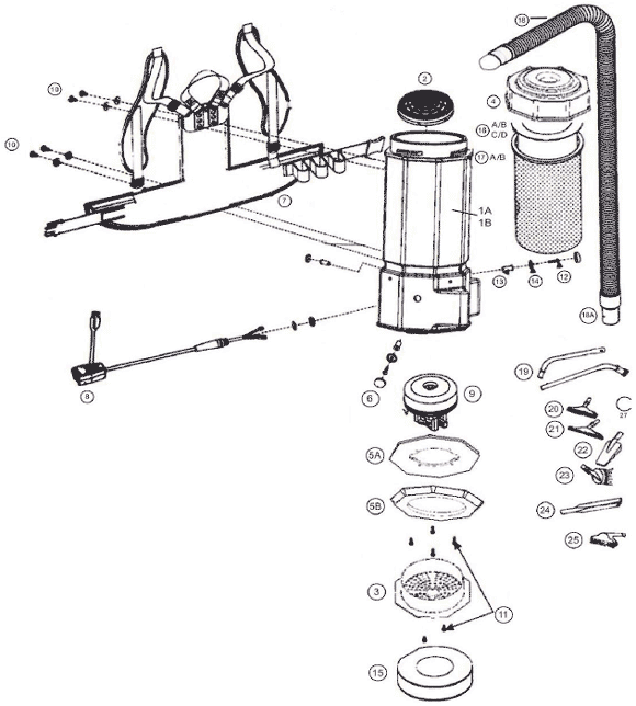 Oreck OR1001 exploded schematic diagram (page 1)
