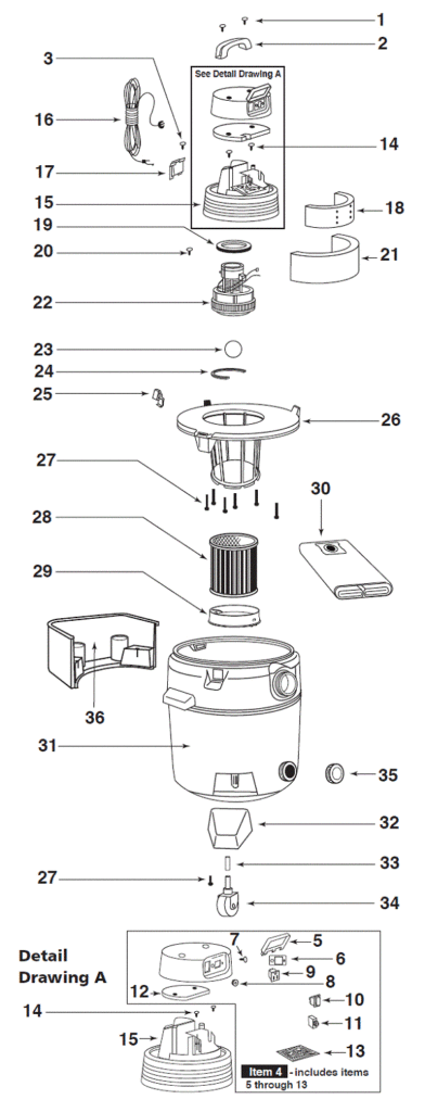 Shop-Vac QL600D exploded schematic diagram (page 1)