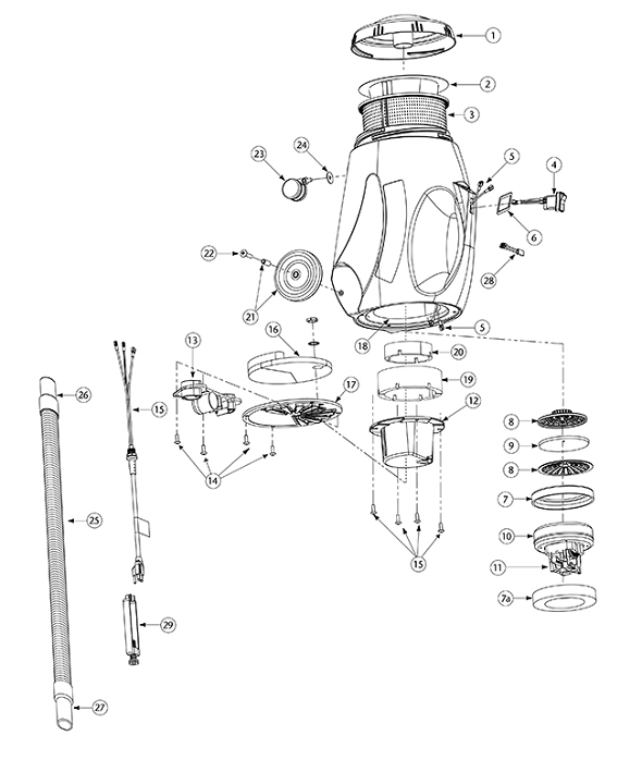 Schematic and parts list for ProTeam Model RunningVac 10 qt, RV