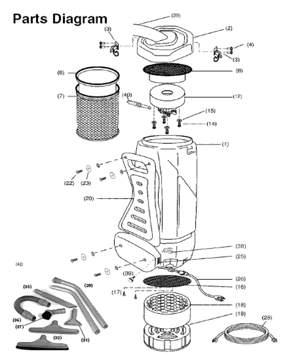 Oreck XLPRO06A/XLPRO10A exploded schematic diagram (page 1)