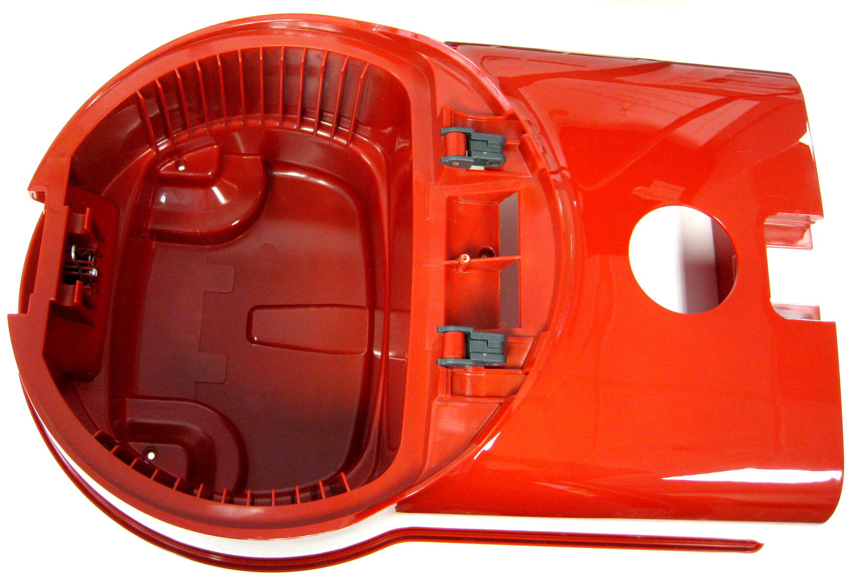Top Casing, with filter bag spring (8140ER), cover axle set (6750ER), and cover hinges with axles (8052ER), for D4 (red) Sebo vacuum cleaner repair part