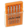 Leather Needles #16 5/pk sewing machine part or accessory Preferred for genuine and faux leather. Specially designed needle point provides smooth, even stitching. Use for leather and suede fabrics.   Use with: All Janome sewing machines (flat back needle type)