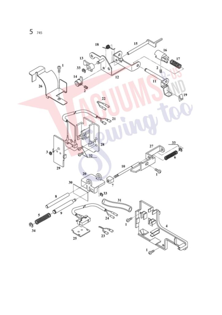 Elna 745 exploded schematic diagram (page 1)