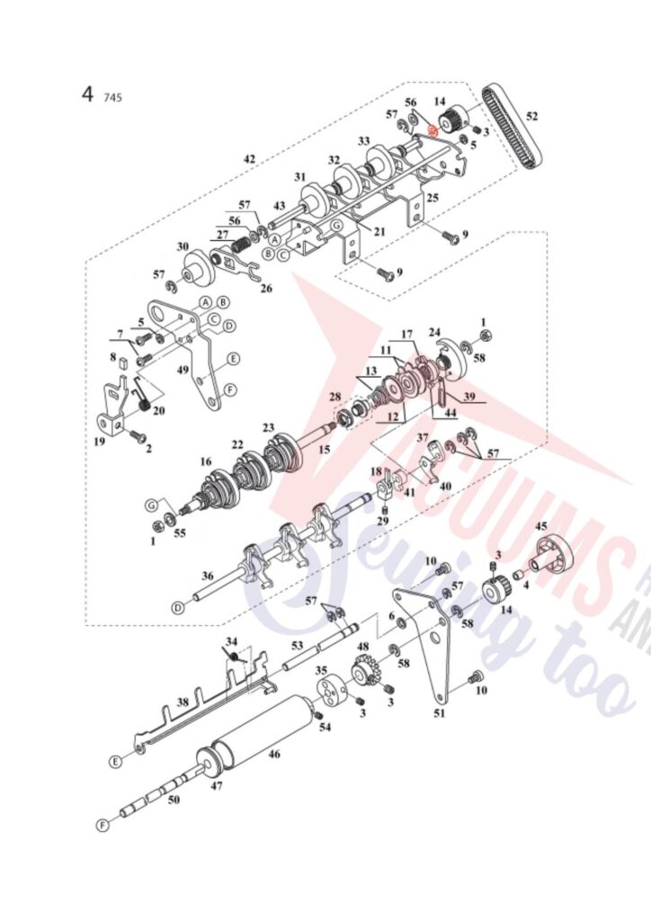 Elna 745 exploded schematic diagram (page 18)