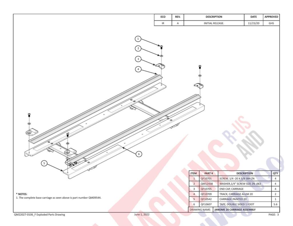 Janome QM20 exploded schematic diagram (page 1)