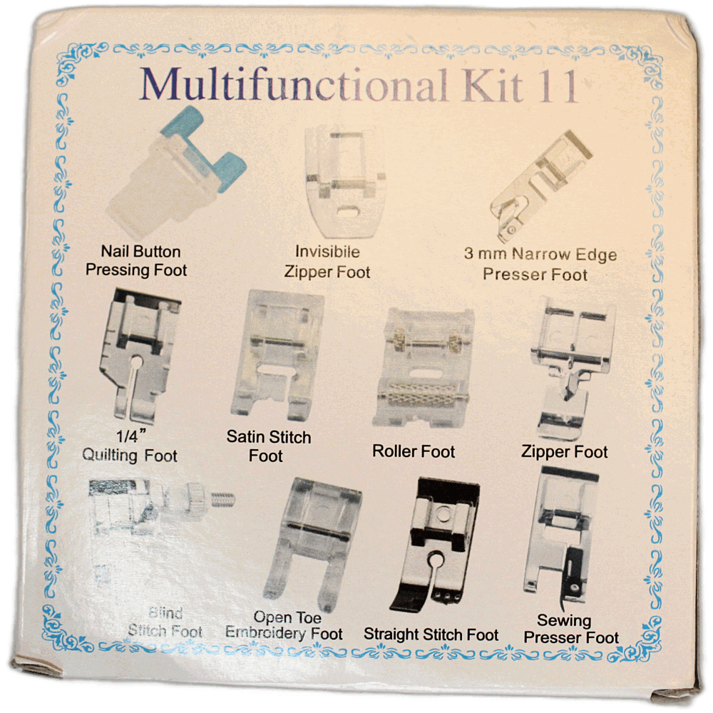 11 Foot low shank foot set. Nail Button, Invisible Zipper, 3mm Narrow Edge Presser Foot, 1/4" Quilting Foot, Satin Stitch Foor, Roller Foot, Zipper Foot, Blind Stitch Foo0t, Open Toe Embroidery Foot, Straight Stitch Foot, Sewing Presser Foot - Image 2