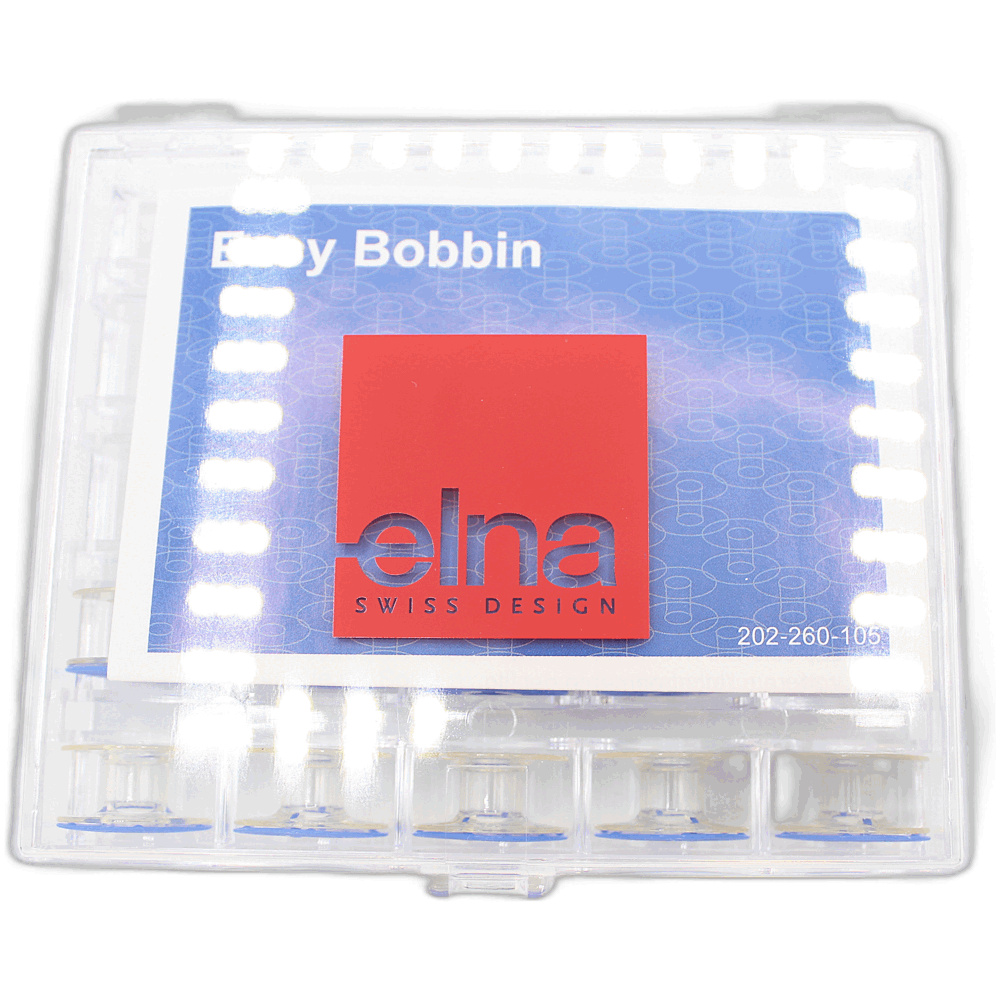 Genuine Janome/Elna Easy Bobbin 10/pk w/case Easy Bobbin (10/pk w/ case) - Easy bobbins show you via a blue side and clear side to assist you in loading into your machine. This 10 pack comes with a bobbin case that can hold up to 25 bobbins. Use With: Any Top loading sewing machine - Image 4