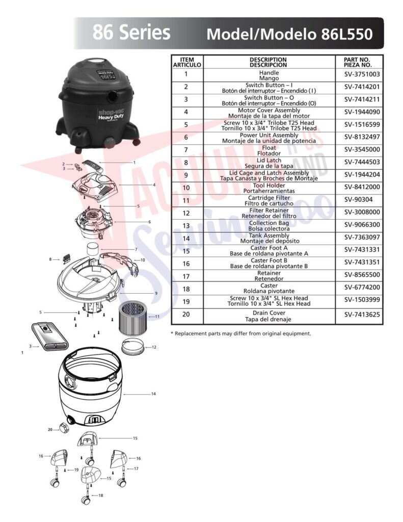 ShopVac 86L500 exploded schematic diagram (page 1)