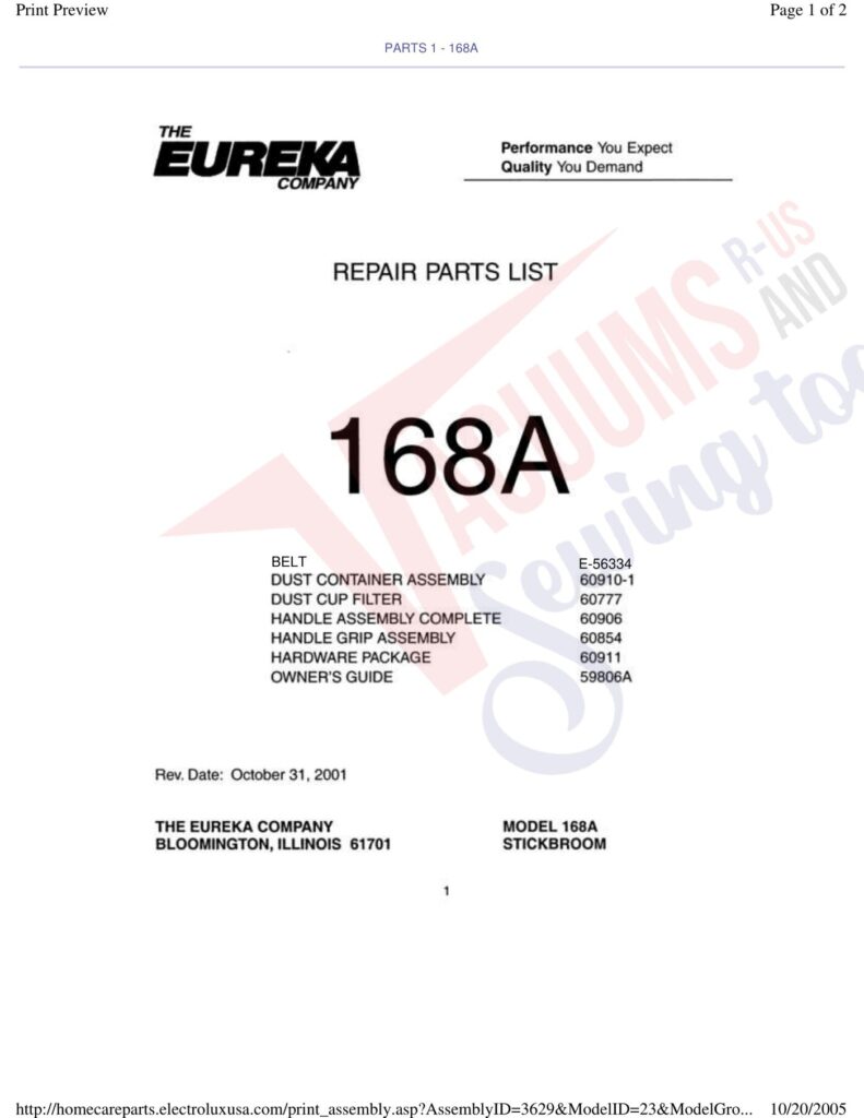 Eureka 168A exploded schematic diagram (page 1)