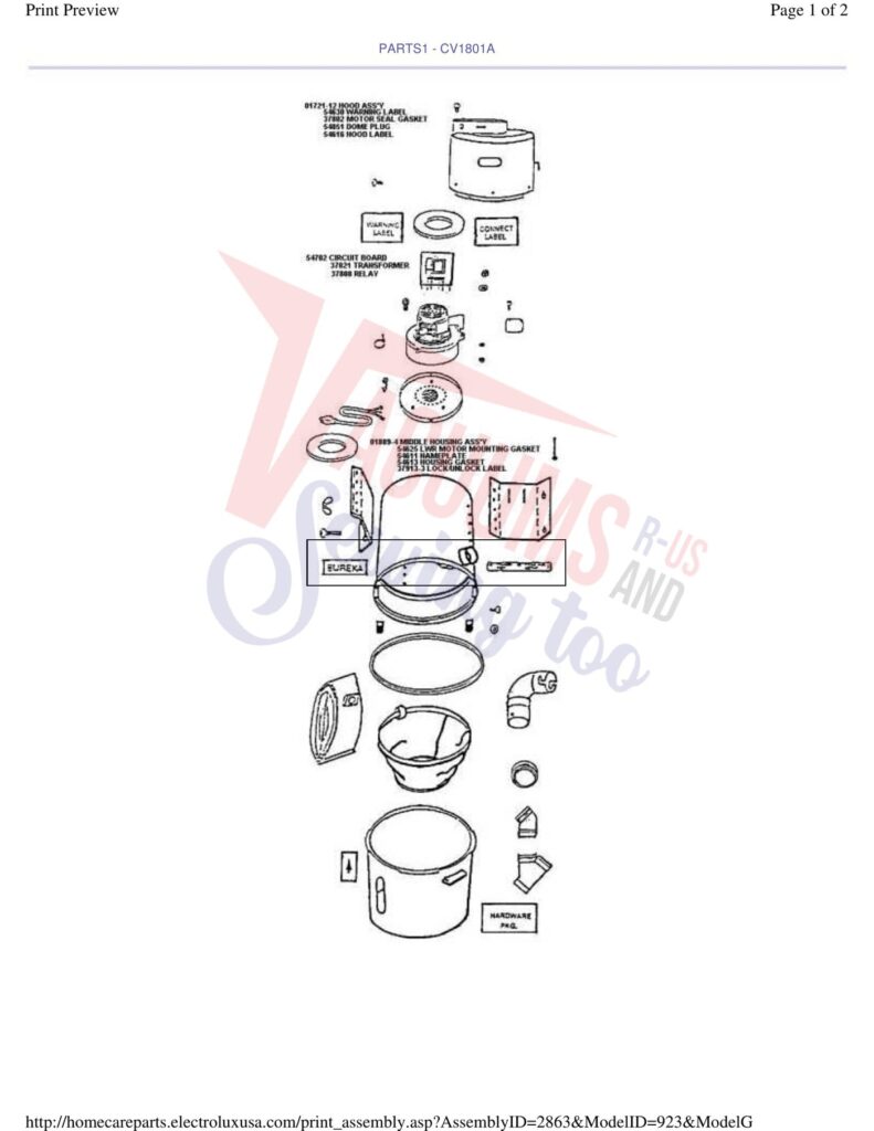 Eureka CV1801A exploded schematic diagram (page 1)