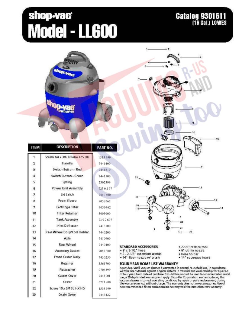 ShopVac ll600 exploded schematic diagram (page 1)