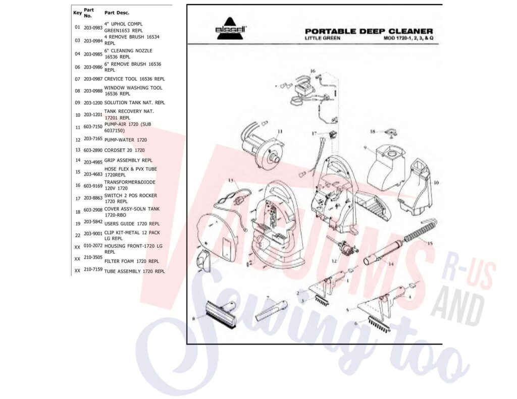 Bissell 1700 exploded schematic diagram (page 1)