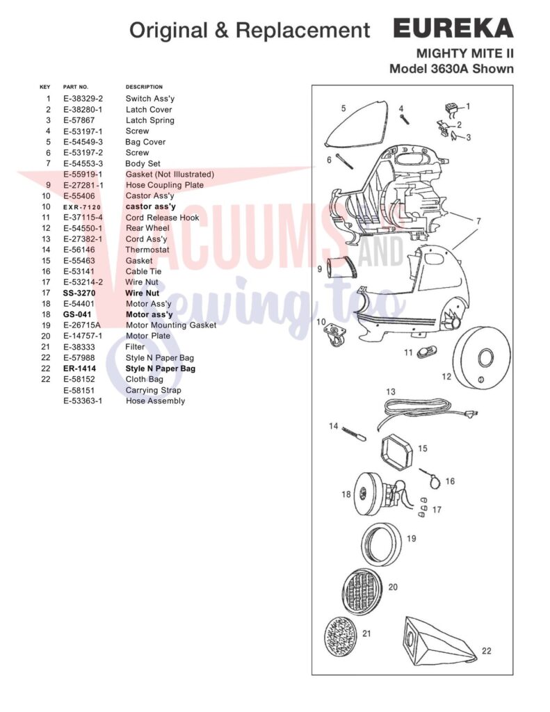 Eureka 3630A exploded schematic diagram (page 1)