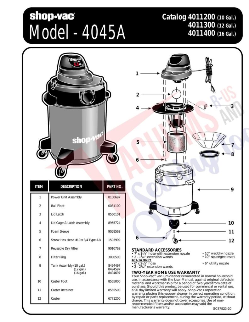 Shop Vac 4045A exploded schematic diagram (page 1)