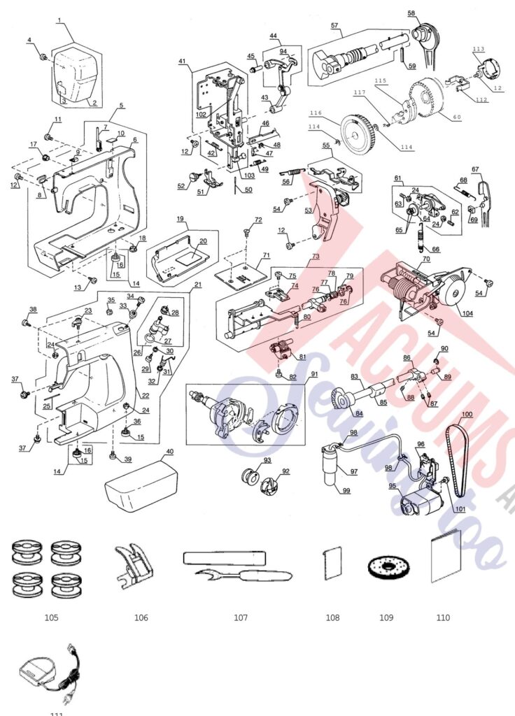 Janome 1017 exploded schematic diagram (page 1)