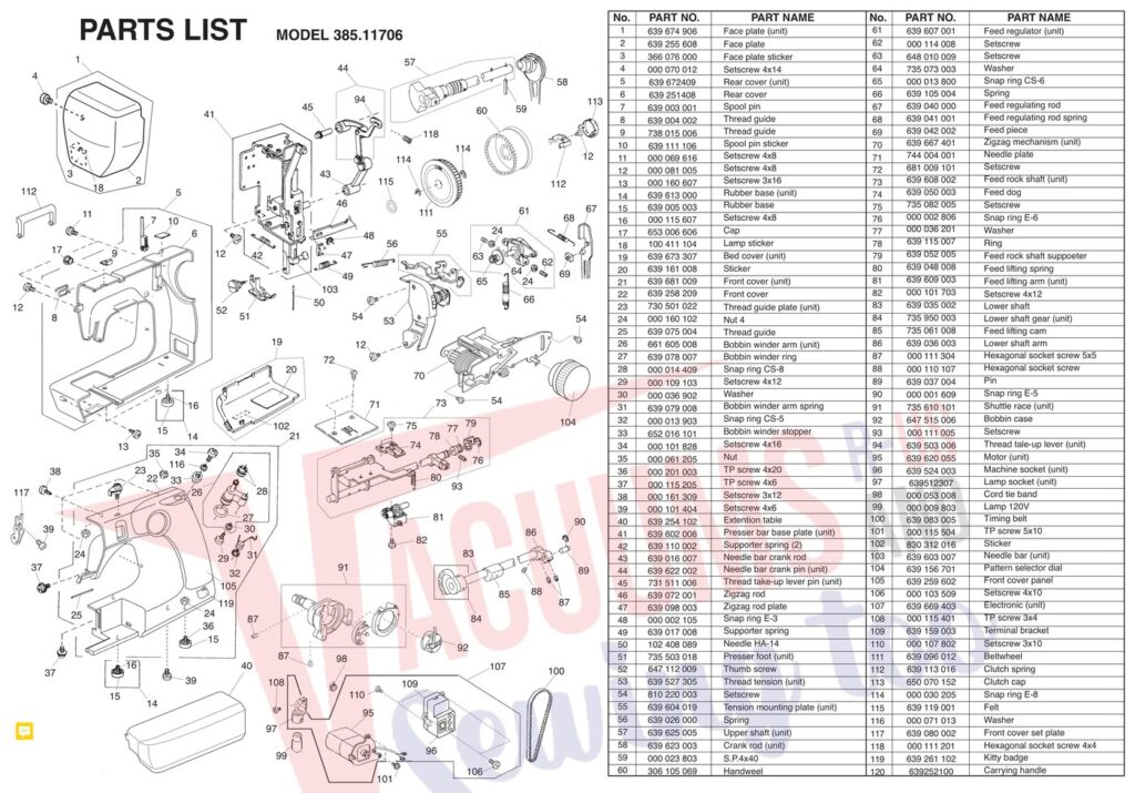 Janome 11706 exploded schematic diagram (page 1)