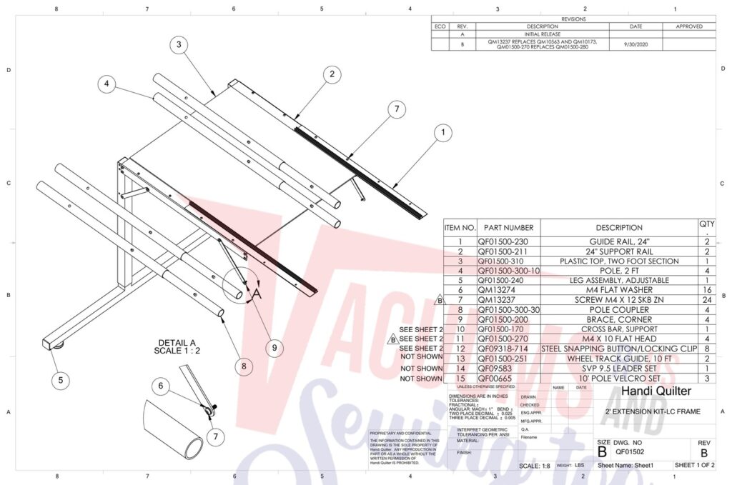 Janome 2' Extension Proframe 8 exploded schematic diagram (page 1)