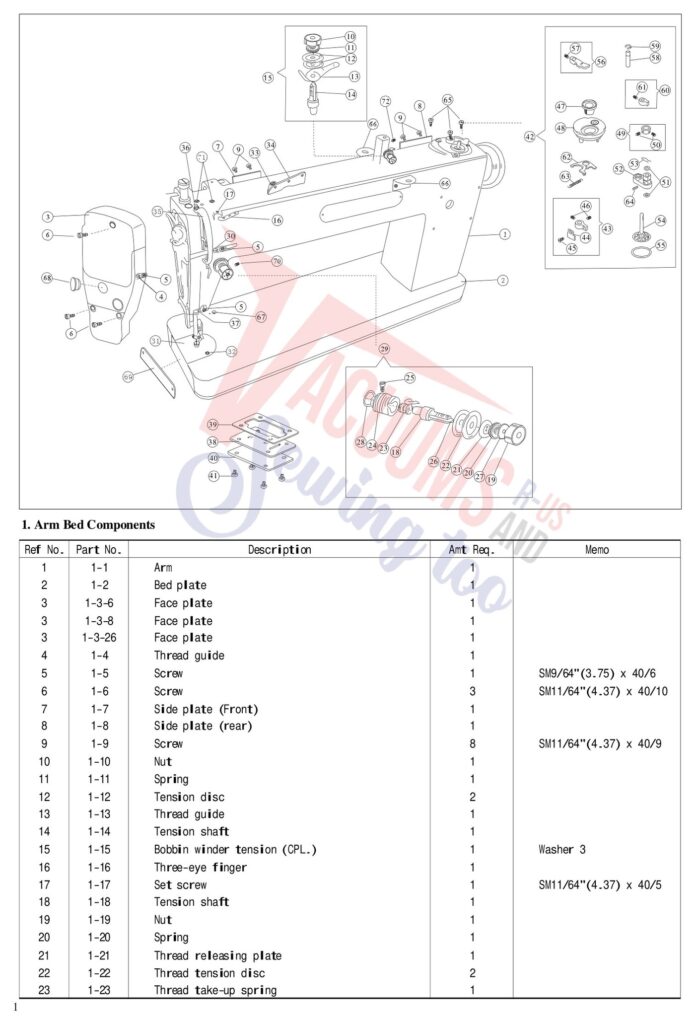 Janome AQ26DX exploded schematic diagram (page 1)