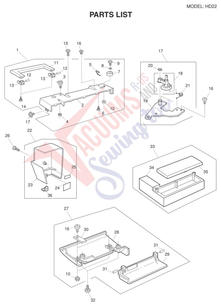 Necchi HD22 exploded schematic diagram (page 1)