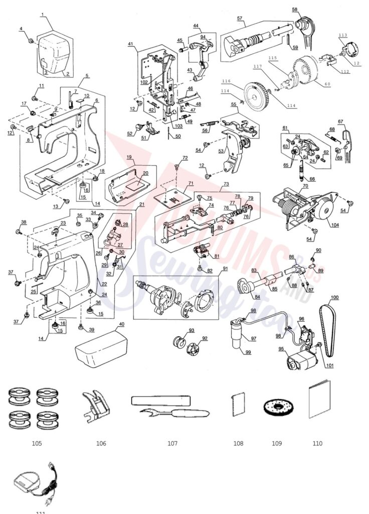 Janome HF106 exploded schematic diagram (page 1)