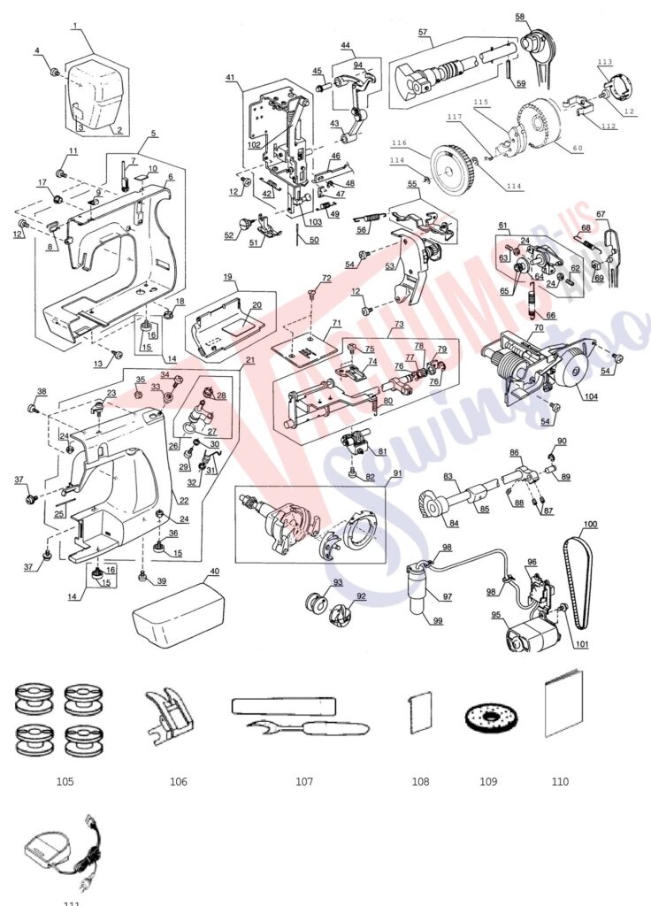 Janome HF107 exploded schematic diagram (page 1)