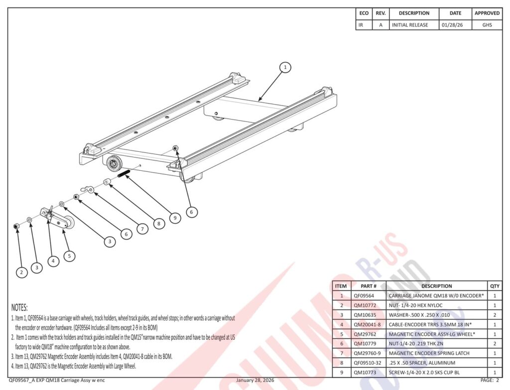 Janome QM18 Carriage exploded schematic diagram (page 1)