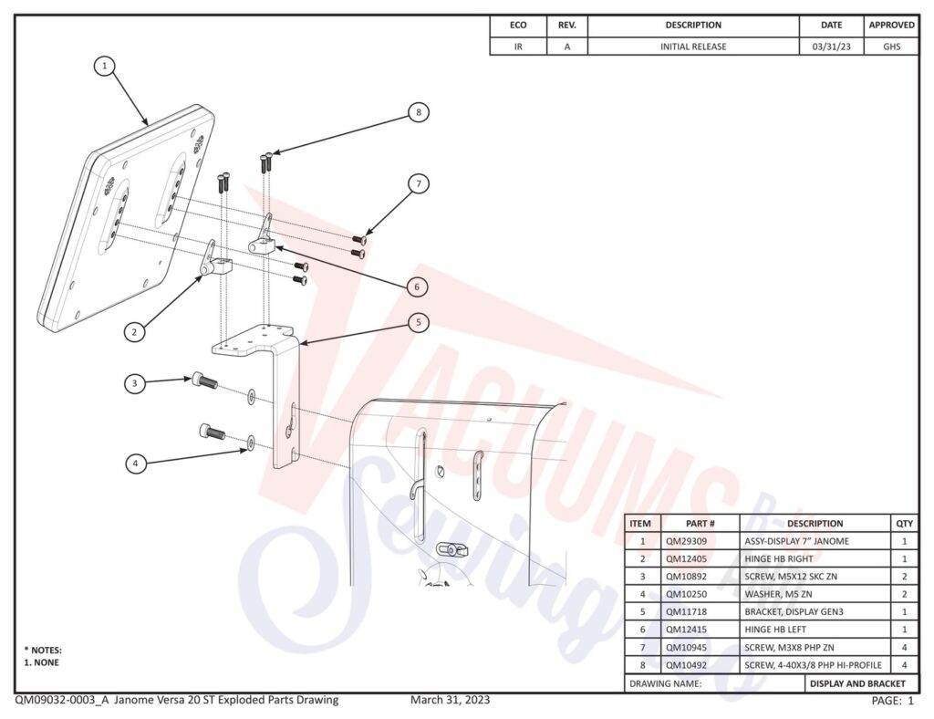 Janome QMPRO20VERSA-ST exploded schematic diagram (page 1)