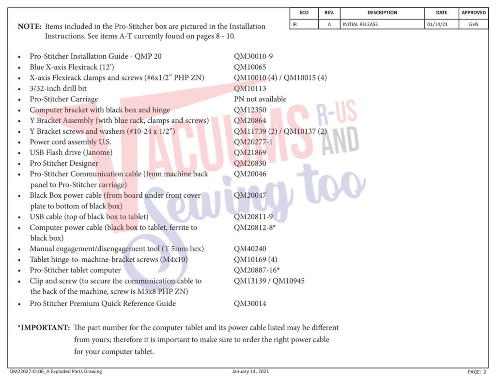 Janome prostitcher 20 exploded schematic diagram (page 1)