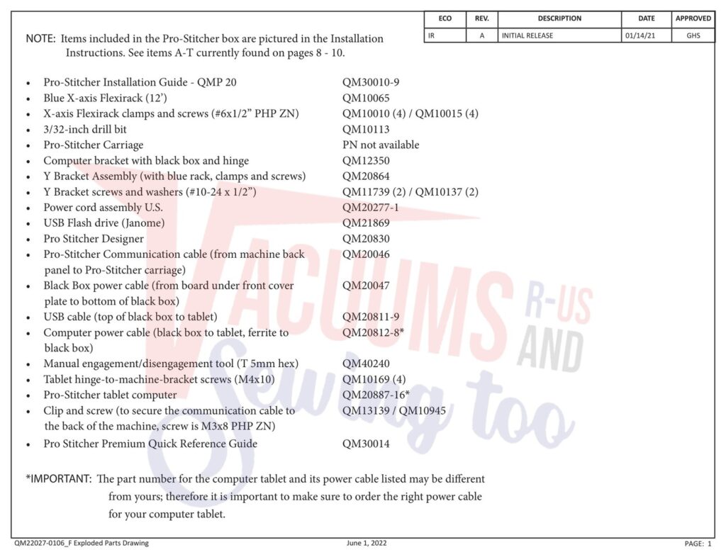 Janome QMPSTITCHER-20 V2 exploded schematic diagram (page 1)